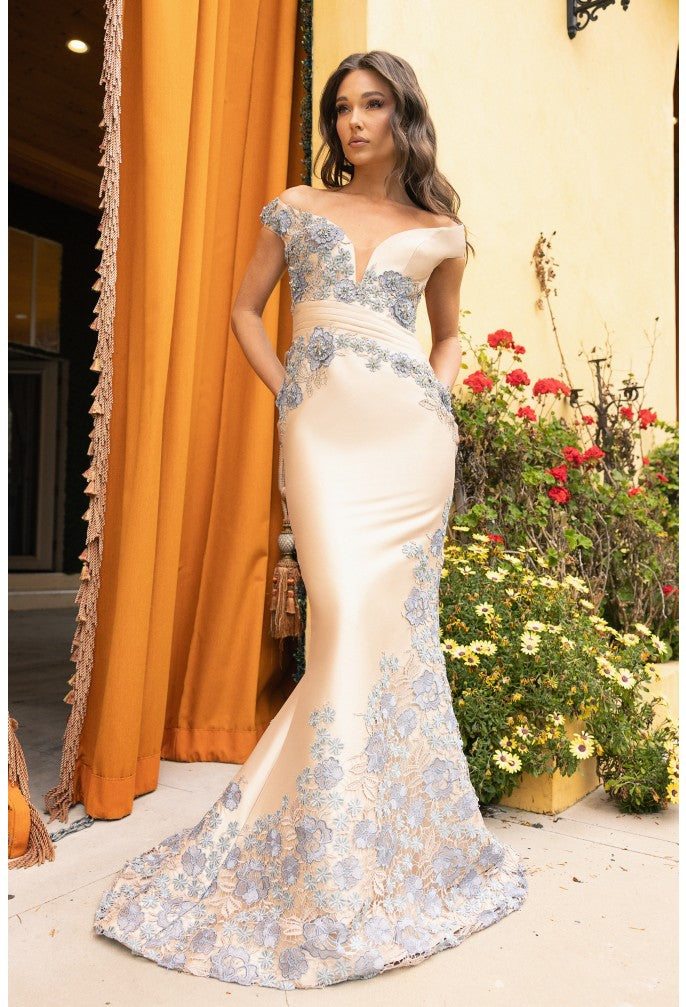 Prom Dresses Floral Long Mermaid Long Formal Prom Dress Denim Champagne