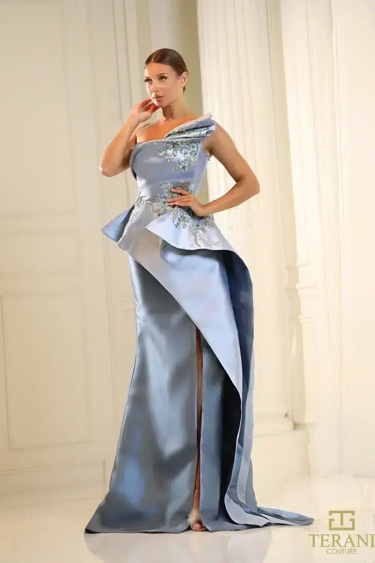 Formal Dresses Long Formal Peplum Evening Dress Blue Denim
