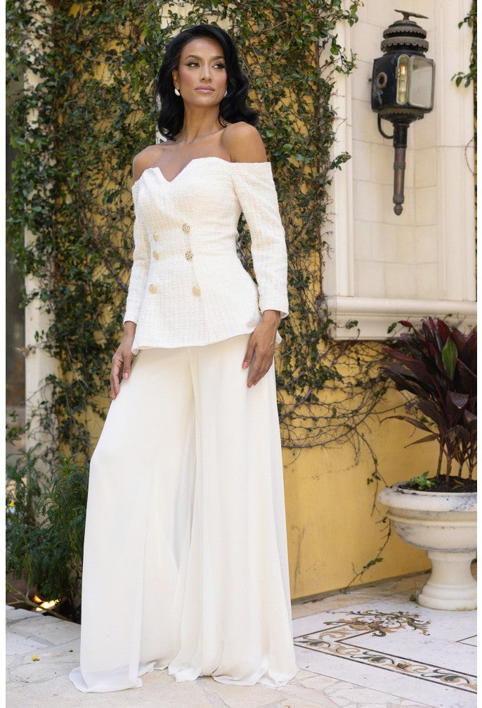 Pant Suit Long Metalic Lace Pant Suit   Ivory