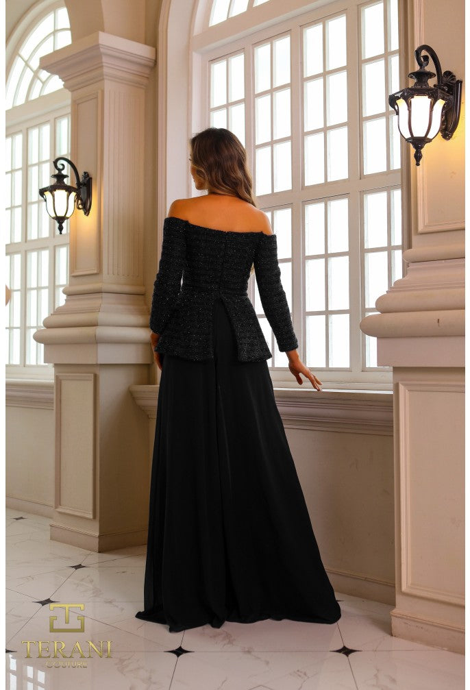 Pant Suit Long Metalic Lace Pant Suit   Black