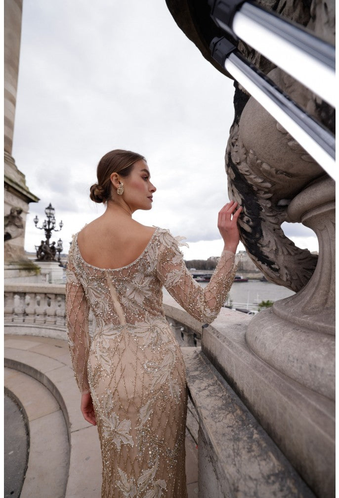 Prom Dresses Long Slit Beaded Evening Formal Prom Dress Champagne