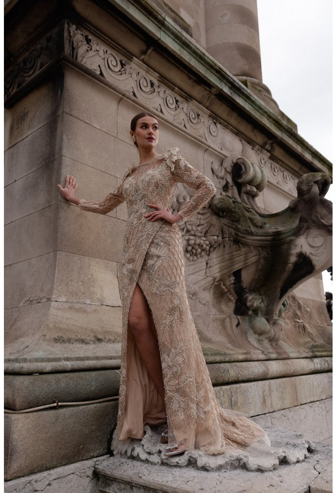 Prom Dresses Long Slit Beaded Evening Formal Prom Dress Champagne