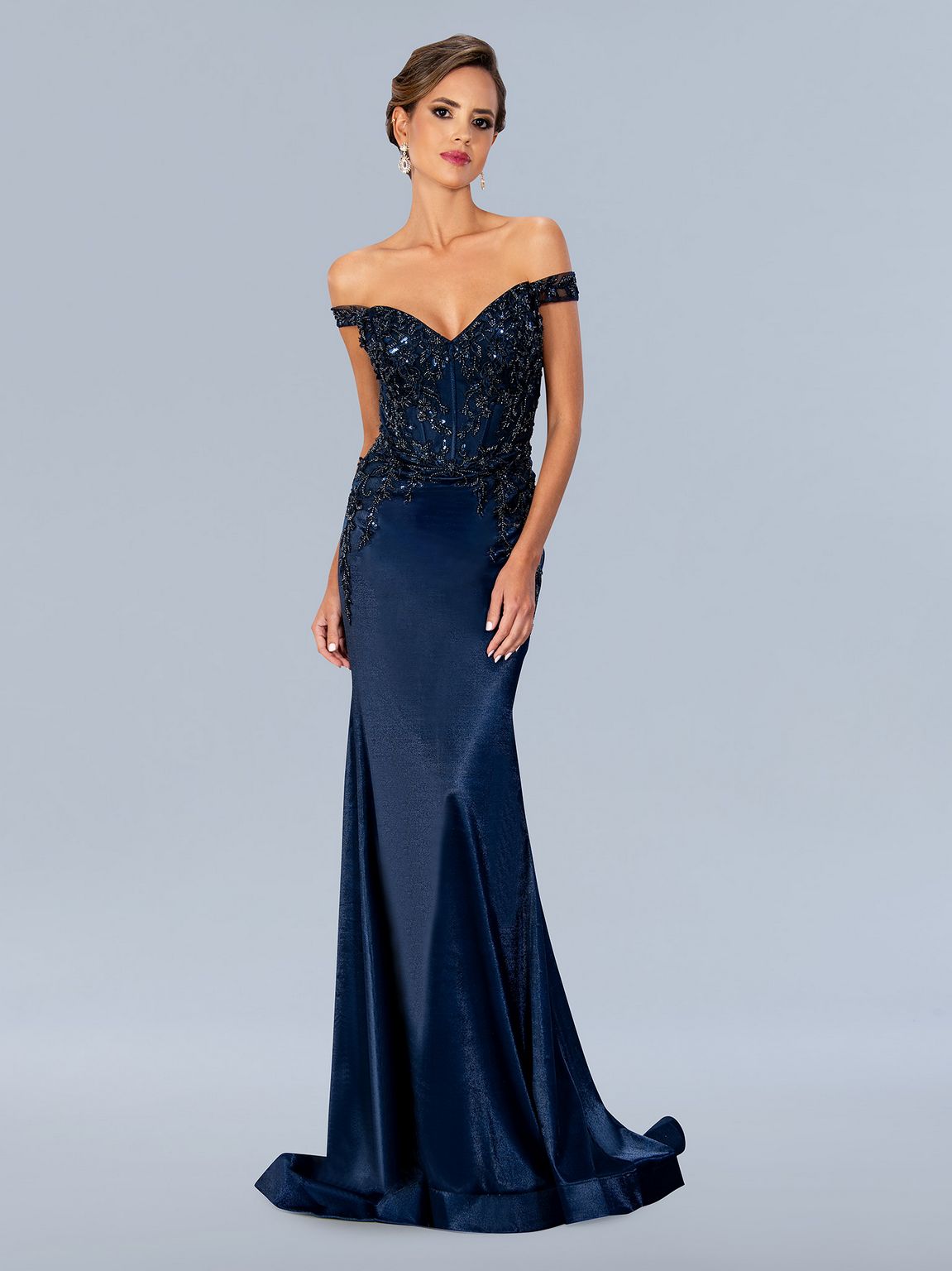 Formal Dresses Long Formal Floral Beaded Prom Dress Navy