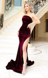 Prom Dresses Long Slit Formal Fitted Velvet Prom Dress Burgundy