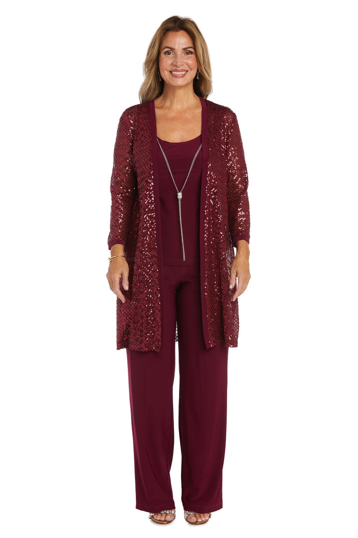 Pant Suit Three Piece Sequin Jacket Pant Set  Merlot