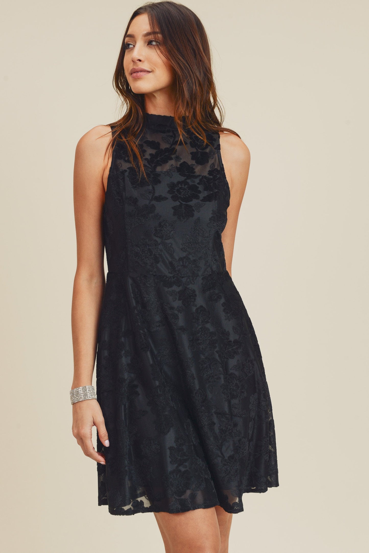 Cocktail Dresses Short Mock Neck Burn Out Velvet Dress Black