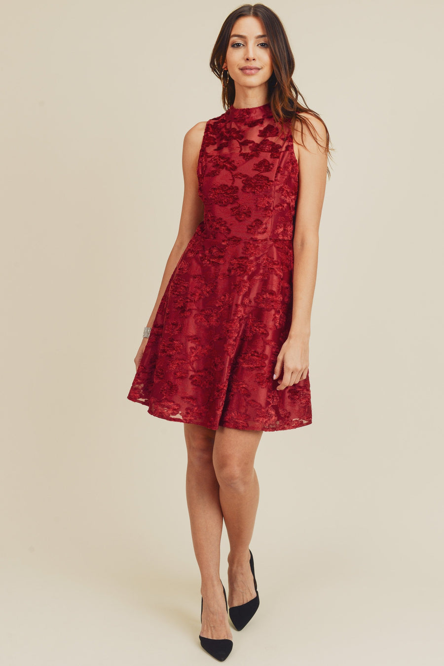 Cocktail Dresses Short Mock Neck Burn Out Velvet Dress Burgundy