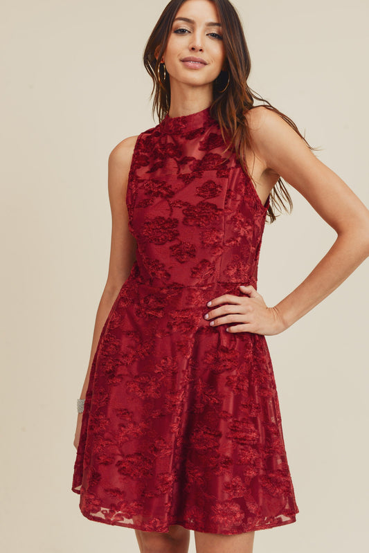 Cocktail Dresses Short Mock Neck Burn Out Velvet Dress Burgundy