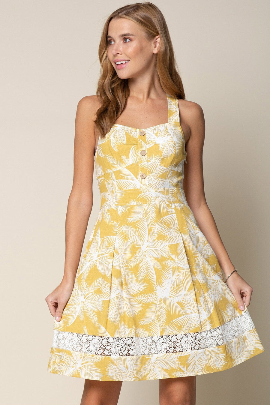Cocktail Dresses Short Sleeveless Button Floral Dress Mustard