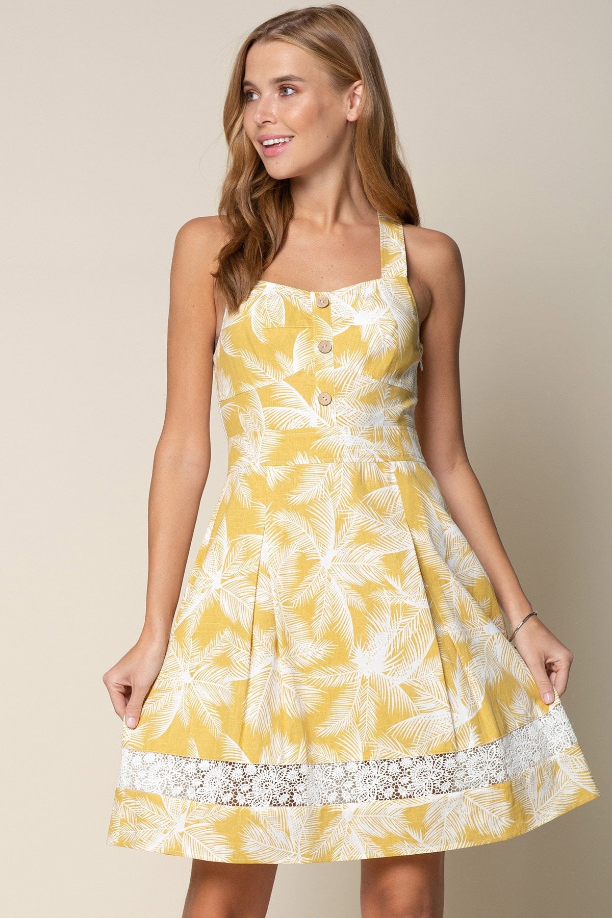 Cocktail Dresses Short Sleeveless Button Floral Dress Mustard