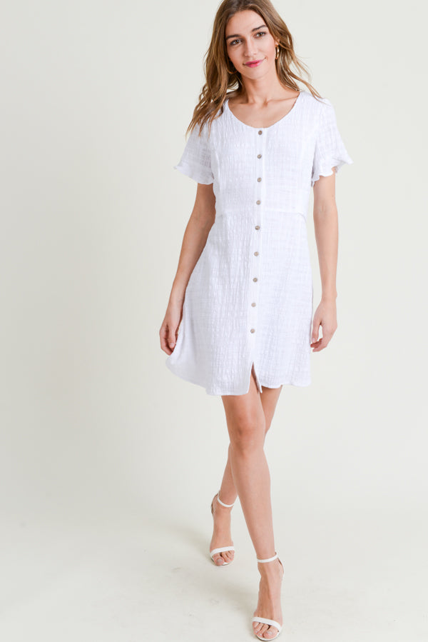 Cocktail Dresses Short Sleeve Scoop Neck Button Down Dress Off White