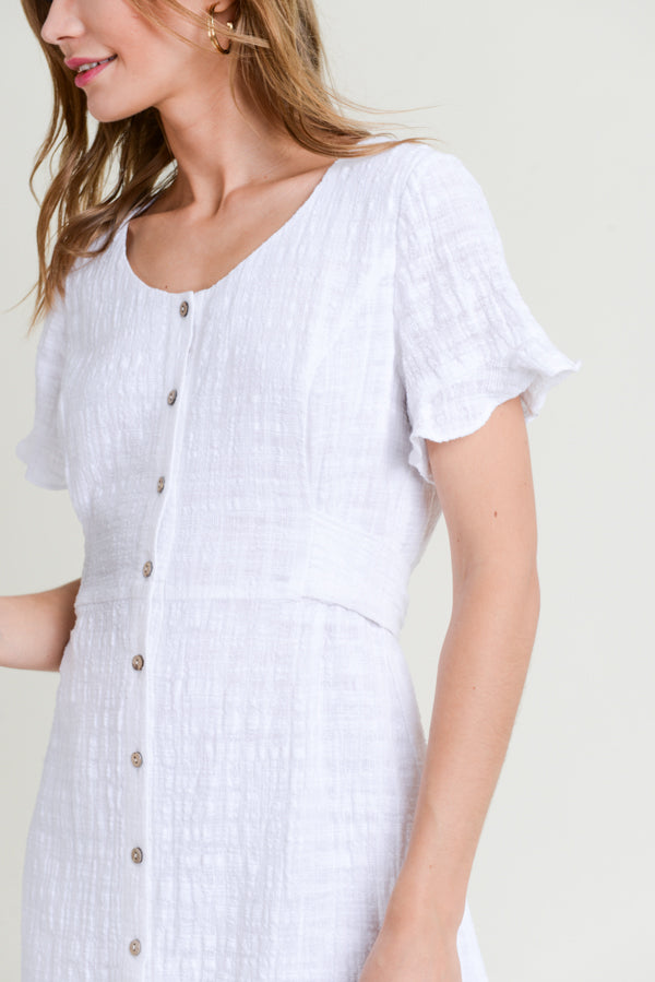 Cocktail Dresses Short Sleeve Scoop Neck Button Down Dress Off White