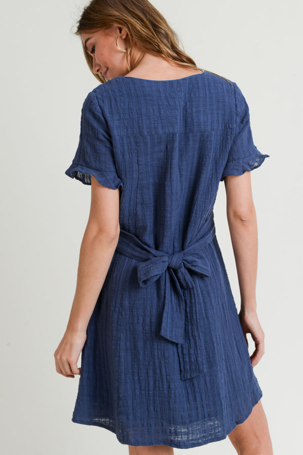 Cocktail Dresses Short Sleeve Scoop Neck Button Down Dress Slate Blue