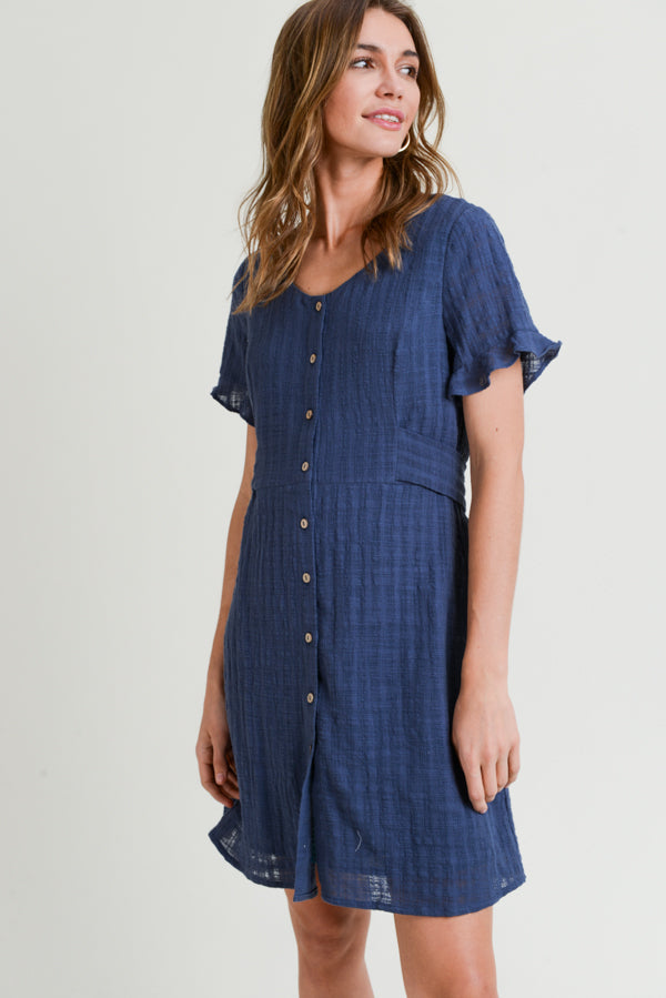 Cocktail Dresses Short Sleeve Scoop Neck Button Down Dress Slate Blue