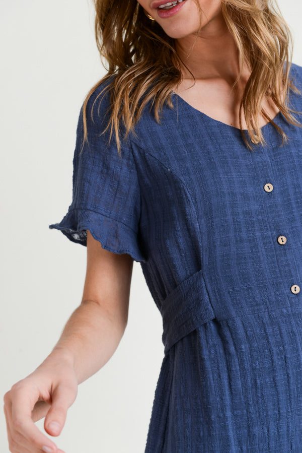 Cocktail Dresses Short Sleeve Scoop Neck Button Down Dress Slate Blue