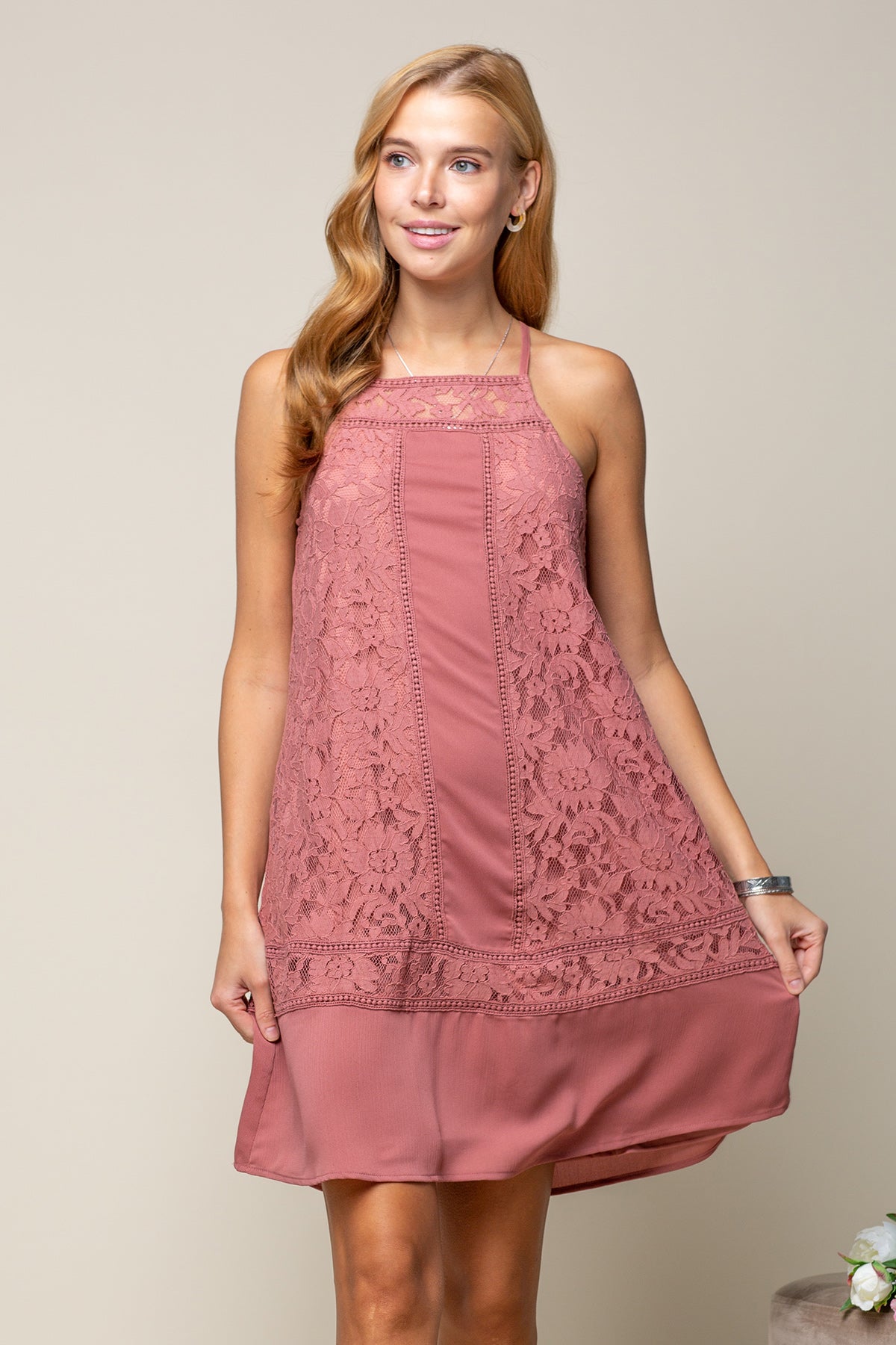 Cocktail Dresses Short Mixed Lace High Neck Shift Dress Dry Rose