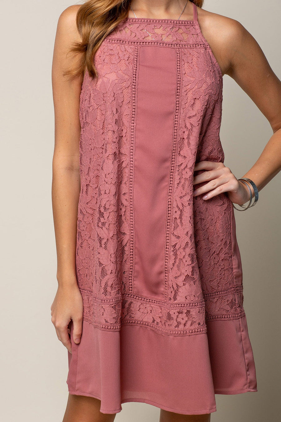 Cocktail Dresses Short Mixed Lace High Neck Shift Dress Dry Rose