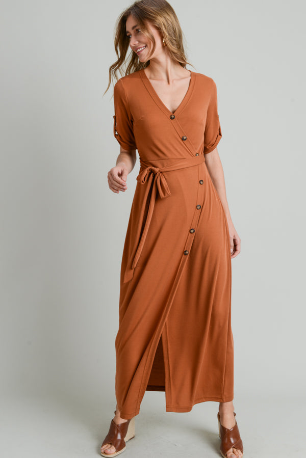 Cocktail Dresses Short Sleeve Button Long Dress Cinnamon