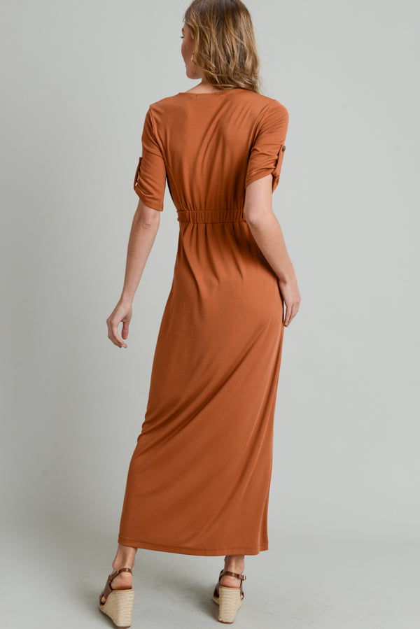 Cocktail Dresses Short Sleeve Button Long Dress Cinnamon