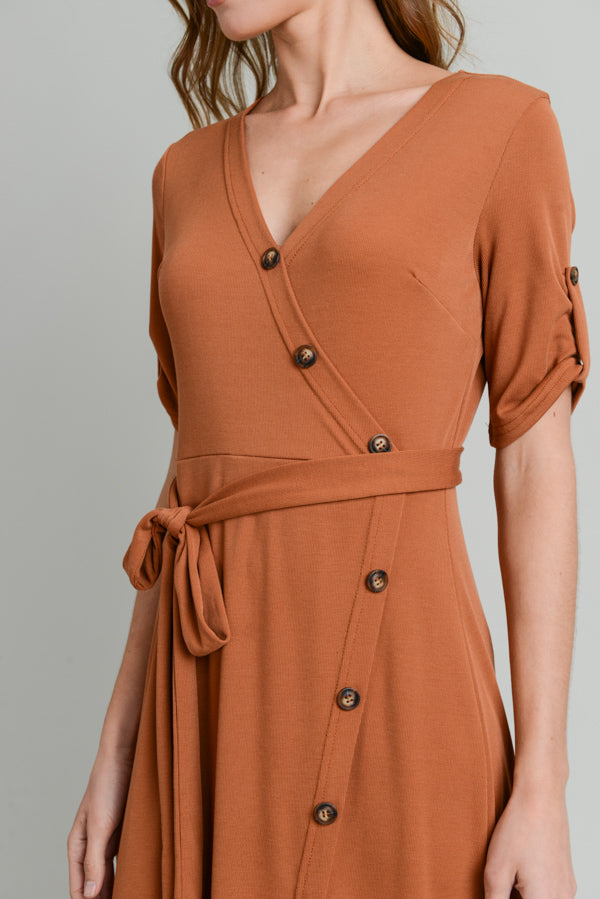 Cocktail Dresses Short Sleeve Button Long Dress Cinnamon