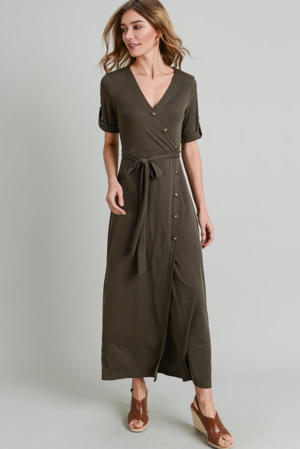 Cocktail Dresses Short Sleeve Button Long Dress Dark Olive
