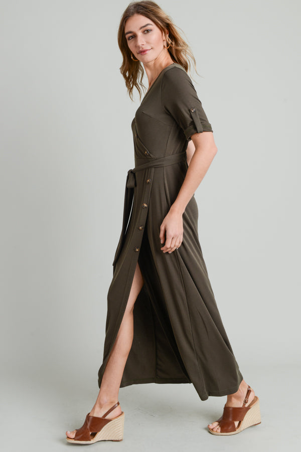 Cocktail Dresses Short Sleeve Button Long Dress Dark Olive