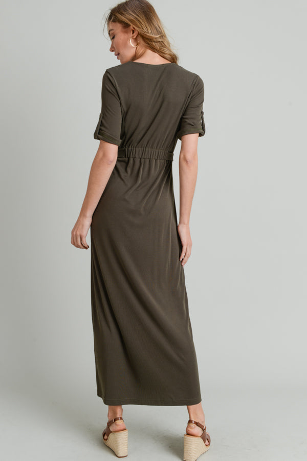 Cocktail Dresses Short Sleeve Button Long Dress Dark Olive