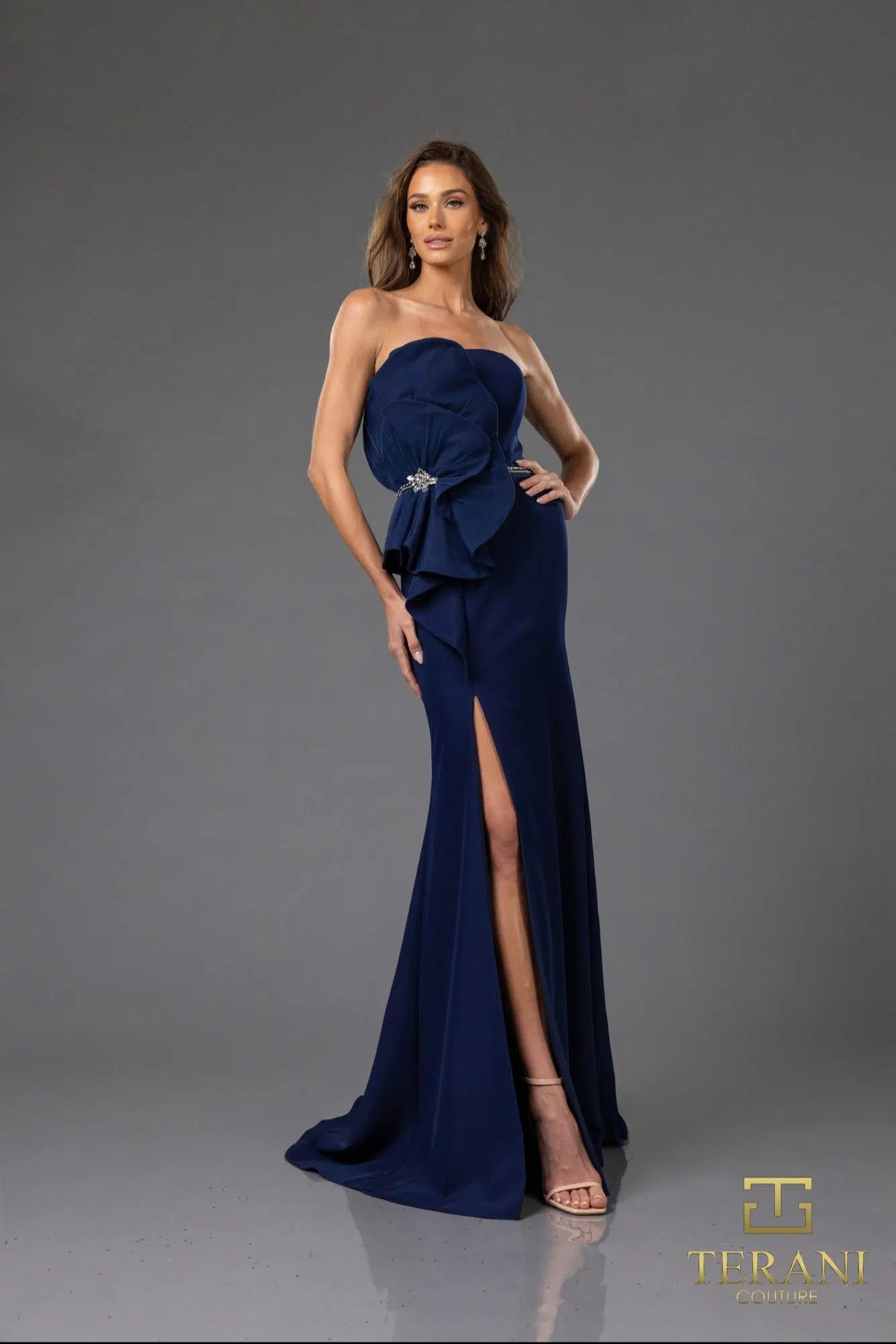 Formal Dresses  Long Ruffle Slit Formal Evening Dress Navy