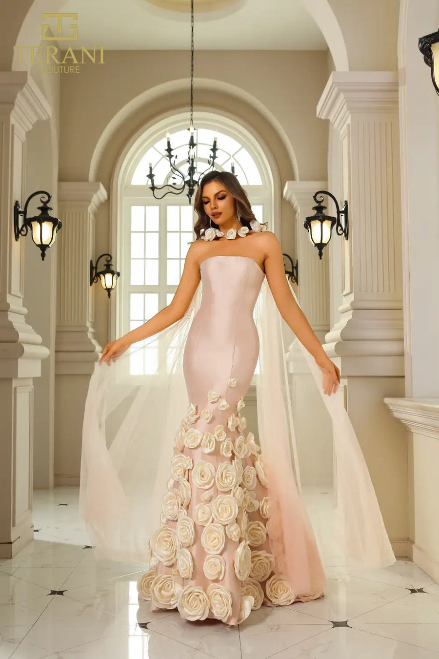 Formal Dresses Long 3D Floral Applique Detachable Cape Formal Dress Blush Ivory