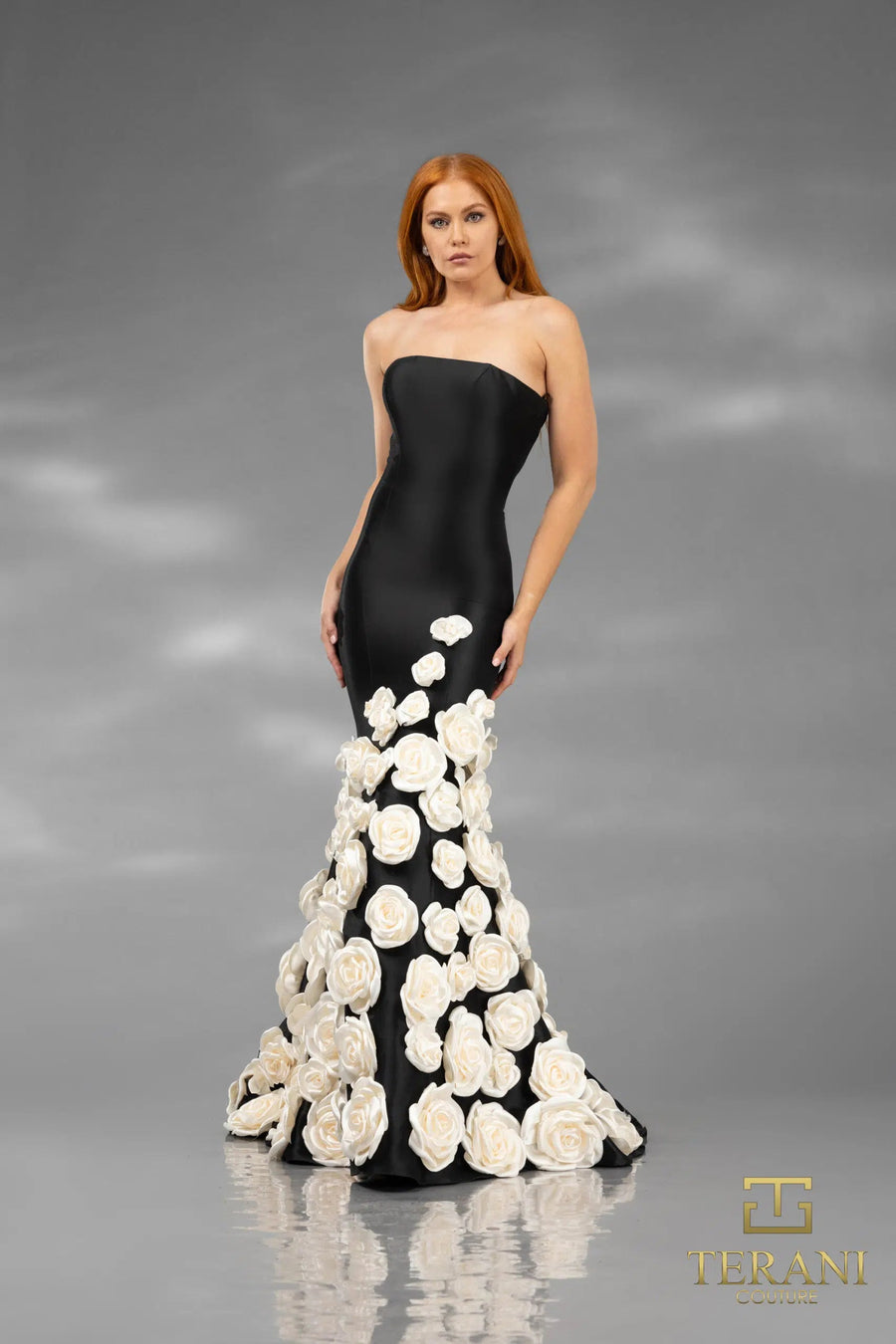 Formal Dresses Long 3D Floral Applique Detachable Cape Formal Dress Black Ivory