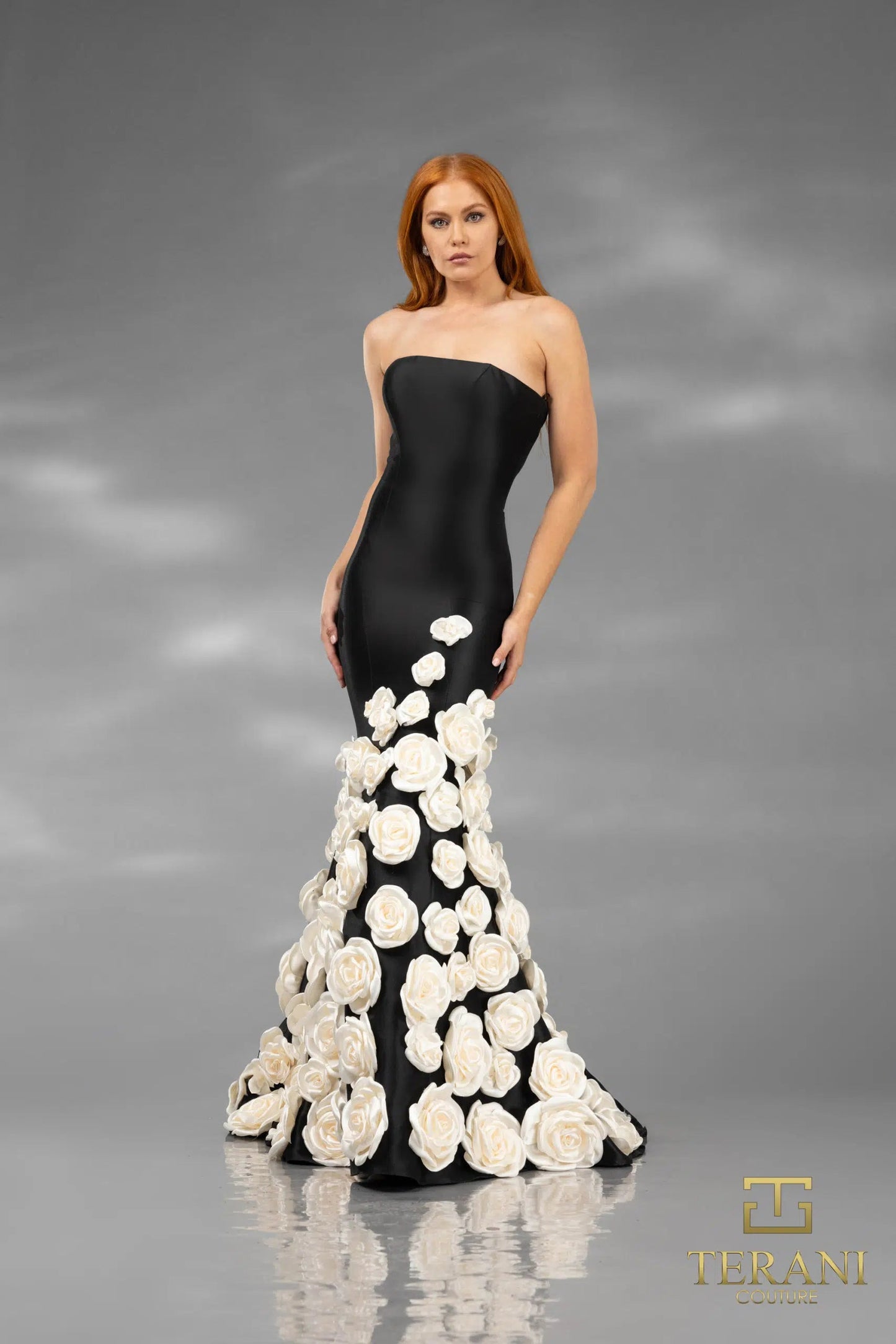 Formal Dresses Long 3D Floral Applique Detachable Cape Formal Dress Black Ivory
