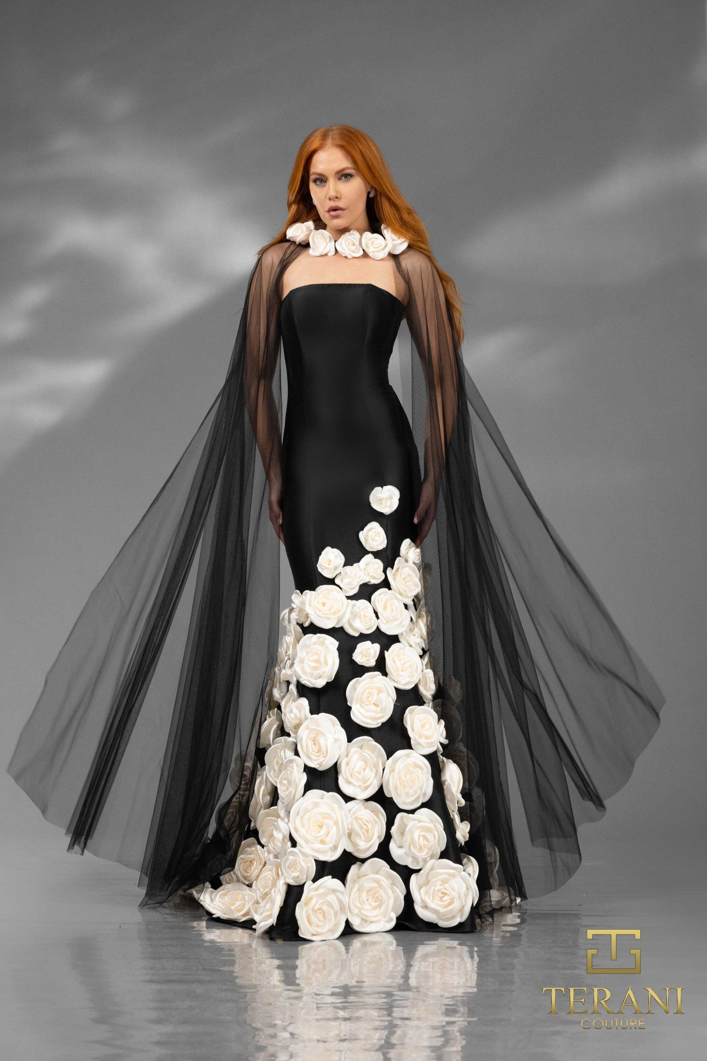 Formal Dresses Long 3D Floral Applique Detachable Cape Formal Dress Black Ivory