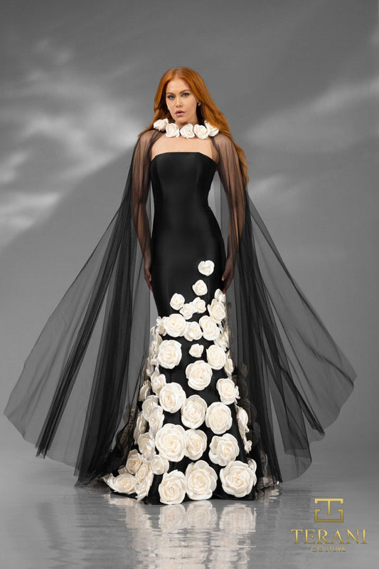 Formal Dresses Long 3D Floral Applique Detachable Cape Formal Dress Black Ivory