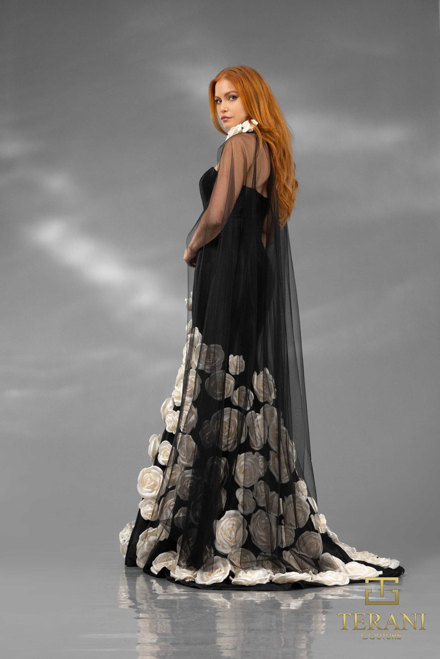 Formal Dresses Long 3D Floral Applique Detachable Cape Formal Dress Black Ivory