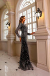 Formal Dresses Long Sleeve Formal Beaded Evening Dress Black Silver