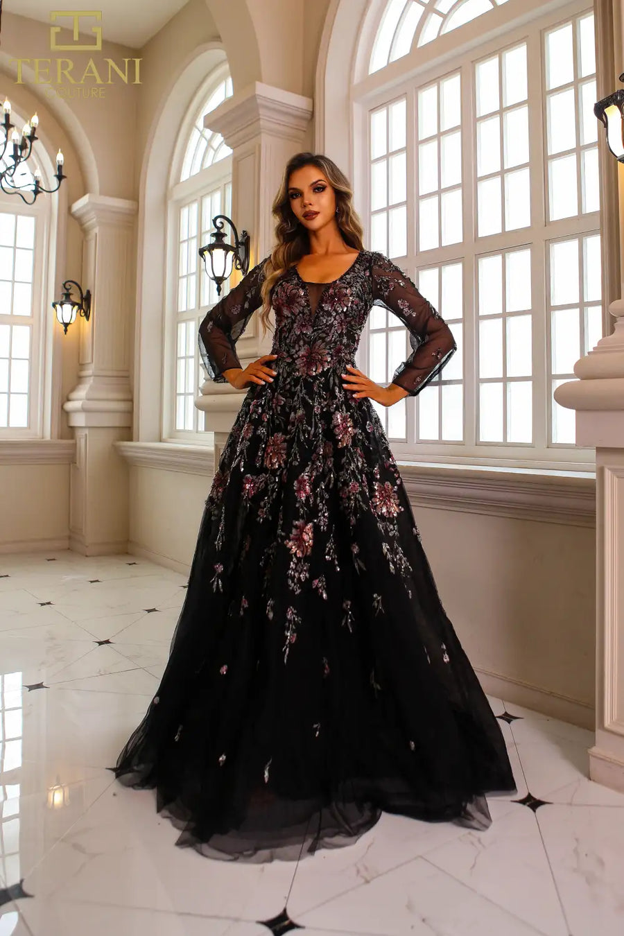 Formal Dresses Long Sleeve Formal Beaded Evening Dress Black Multi