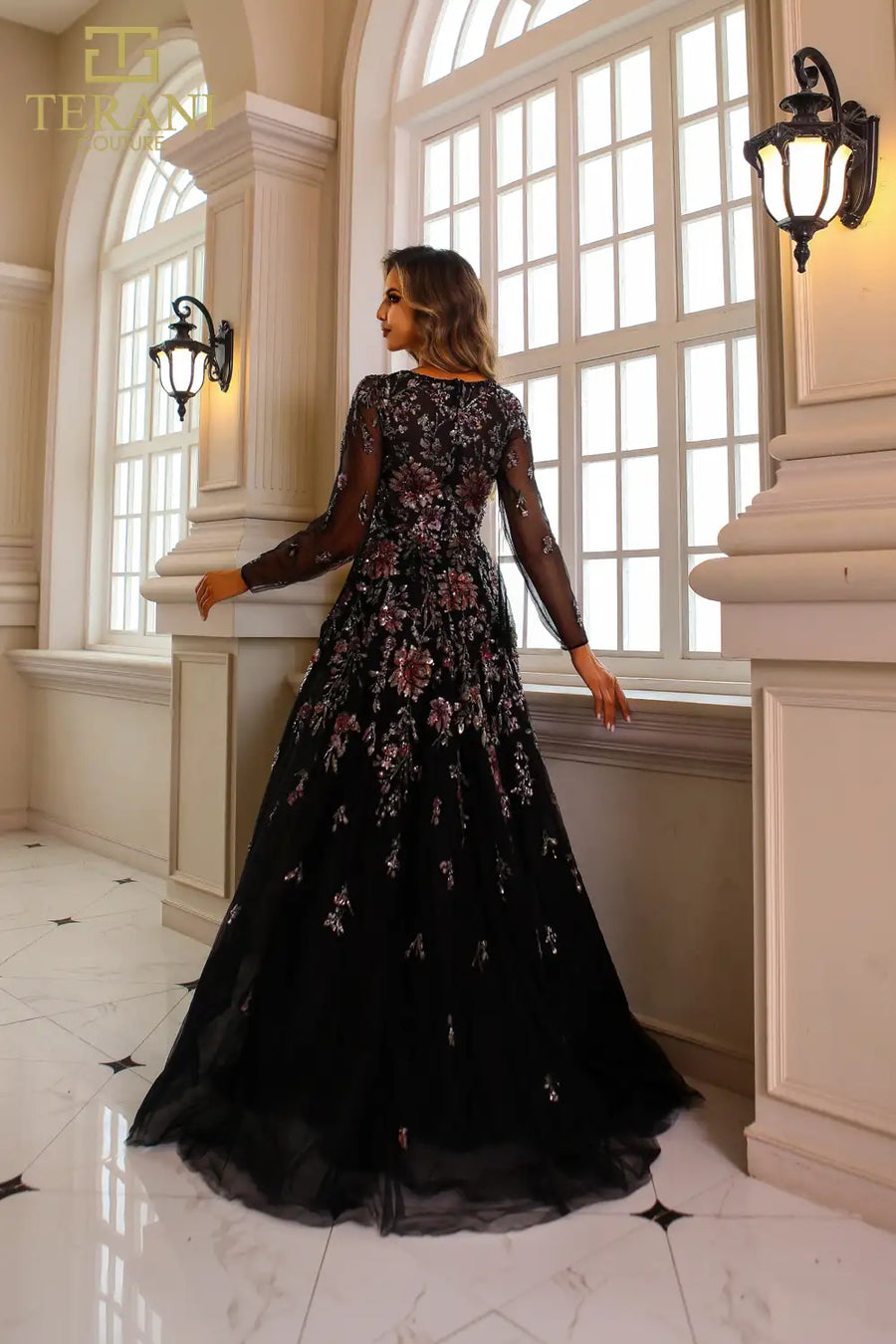 Formal Dresses Long Sleeve Formal Beaded Evening Dress Black Multi