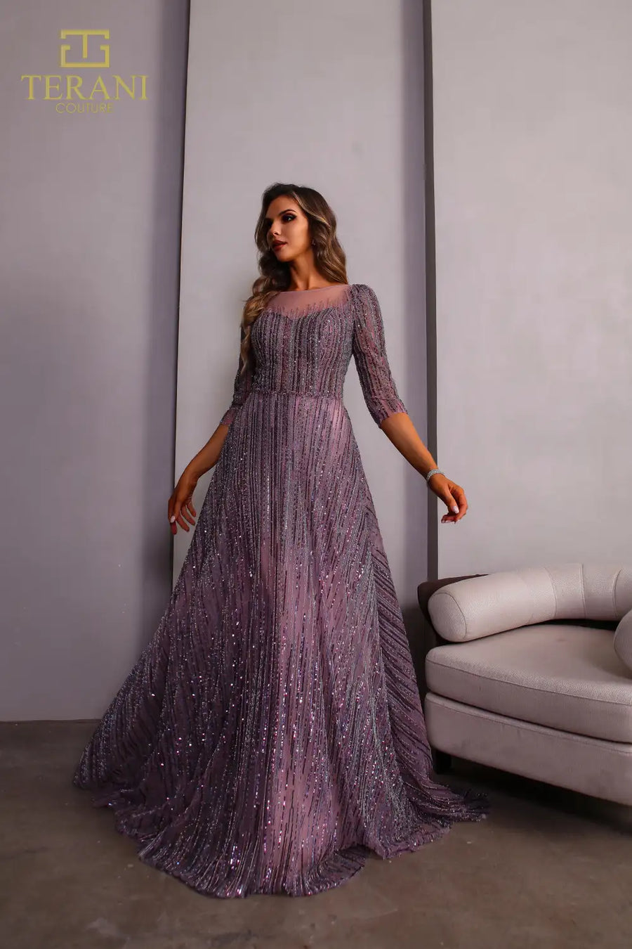 Formal Dresses Long Sleeve Ball Gown Beaded Formal Dress Mauve