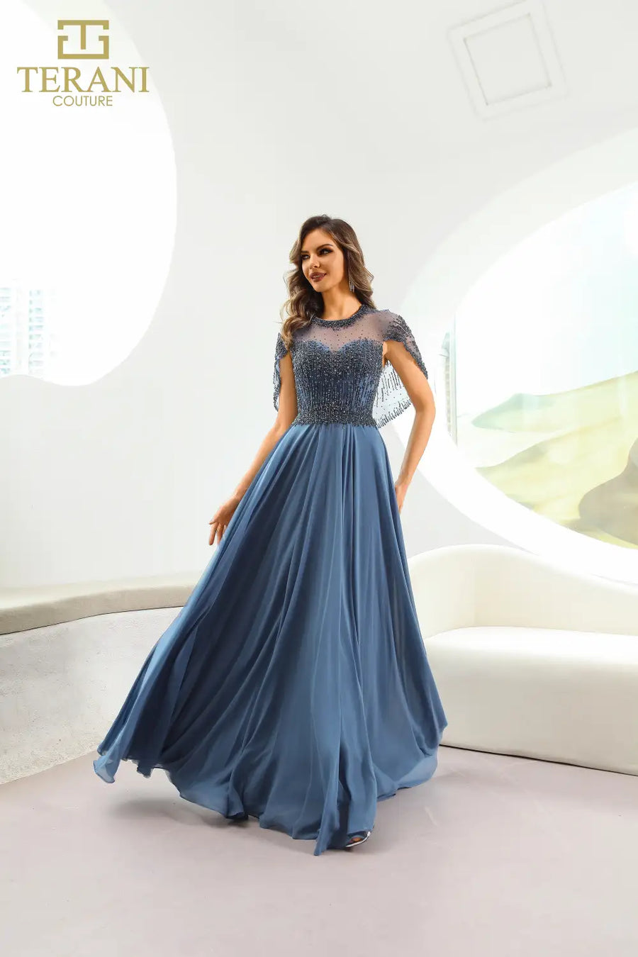 Mother of the Bride Dresses Pleated Long Formal Cape Sleeve Evening Dress Slate