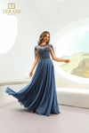 Mother of the Bride Dresses Pleated Long Formal Cape Sleeve Evening Dress Slate
