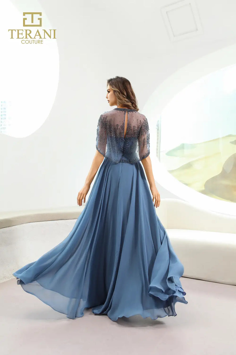 Mother of the Bride Dresses Pleated Long Formal Cape Sleeve Evening Dress Slate