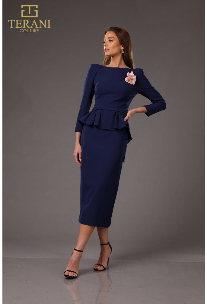 Cocktail Dresses Long Sleeve Ruffled Peplum Cocktail Tea Length Dress Navy Peach