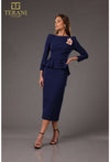 Cocktail Dresses Long Sleeve Ruffled Peplum Cocktail Tea Length Dress Navy Peach