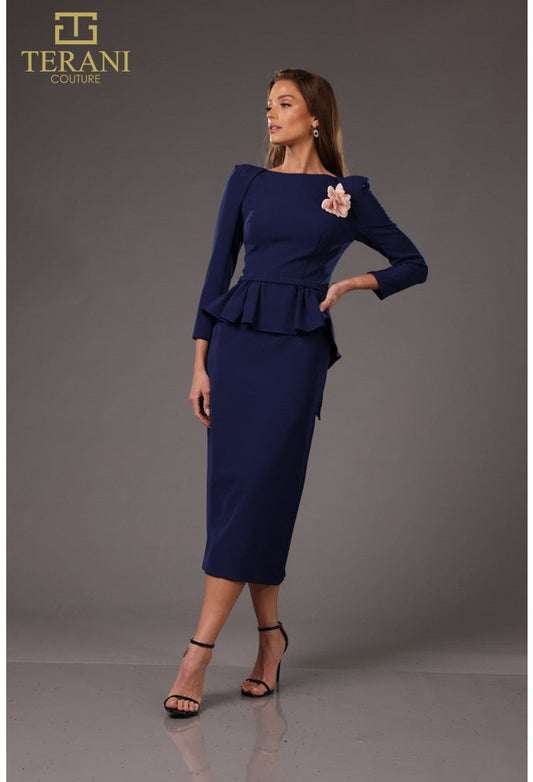 Cocktail Dresses Long Sleeve Ruffled Peplum Cocktail Tea Length Dress Navy Peach