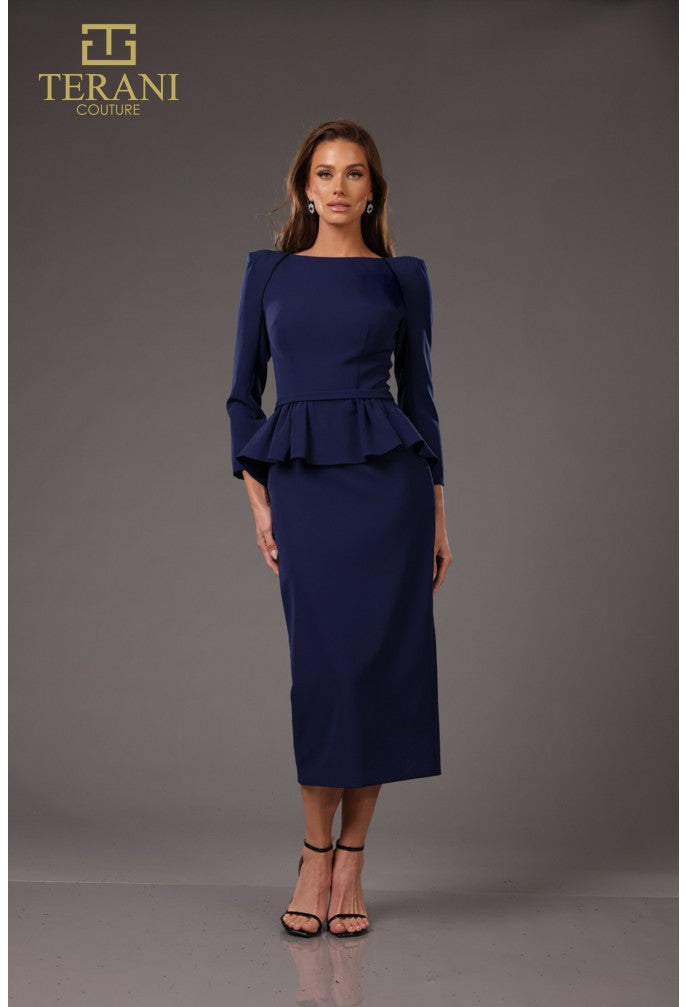 Cocktail Dresses Formal Tea Length Long Sleeve Cocktail Dress Navy