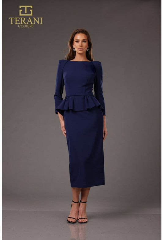 Cocktail Dresses Formal Tea Length Long Sleeve Cocktail Dress Navy