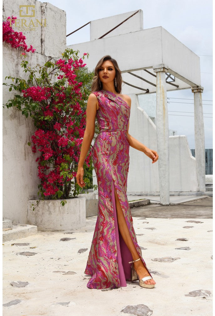 Formal Dresses Long Formal Slit Printed Evening Dress Fuchsia