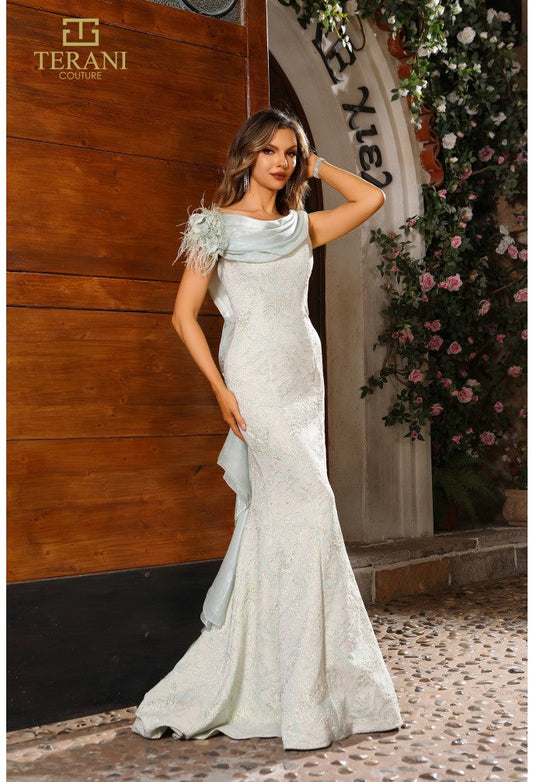 Formal Dresses Long Formal Feather Ruffle Evening Dress Sage Gold