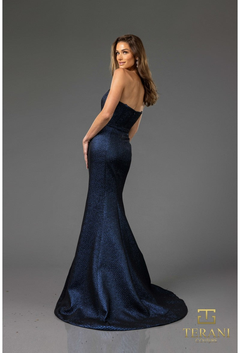 Formal Dresses Fitted Long Formal Metallic Evening Dress Navy