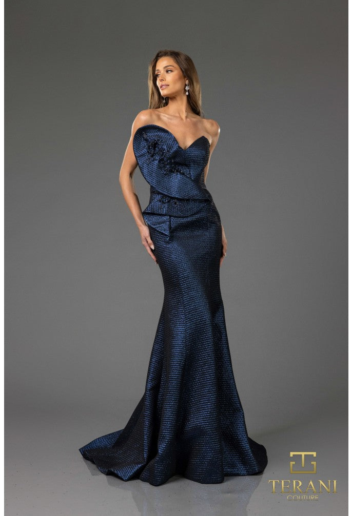 Formal Dresses Fitted Long Formal Metallic Evening Dress Navy
